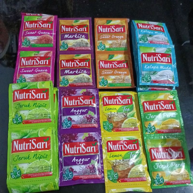 

NUTRISARI JERUK NIPIS, ANGHUR, SWEET ORANGE, SWEET GUAVA, LEMON TEA, MARKISA, KELAPA MUDA, JERUK PERAS(1 RENCENG 10 SACHET)