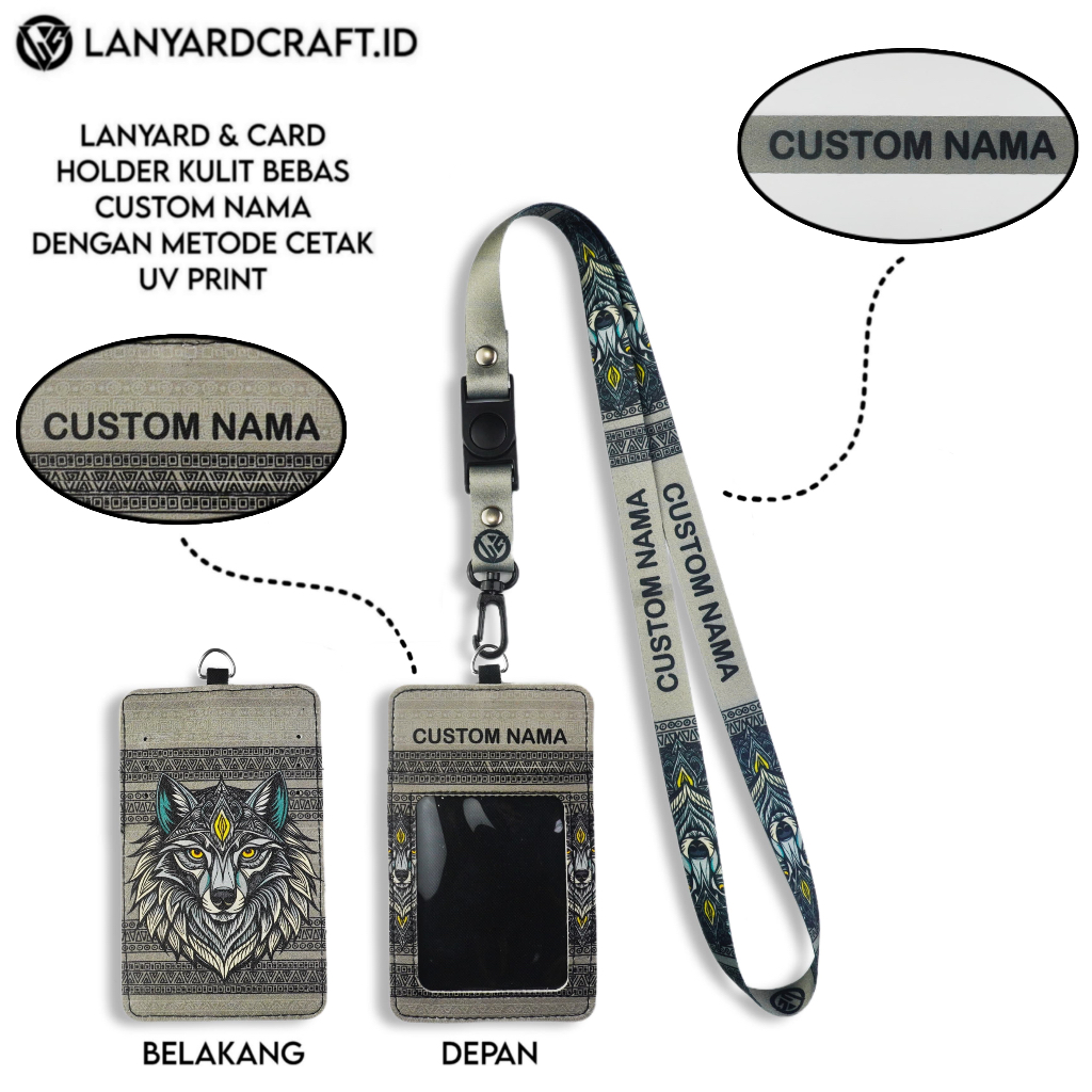 

V4 Id Card Holder Leather Custom + Lanyard Custom Nama Wolf Series Gantungan Tali Lanyard Holder Id Card Kulit UV Print