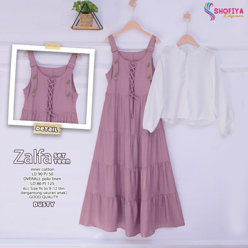 Zalfa set overall dress anak remaja usia 9-12 tahun bahan katun linen