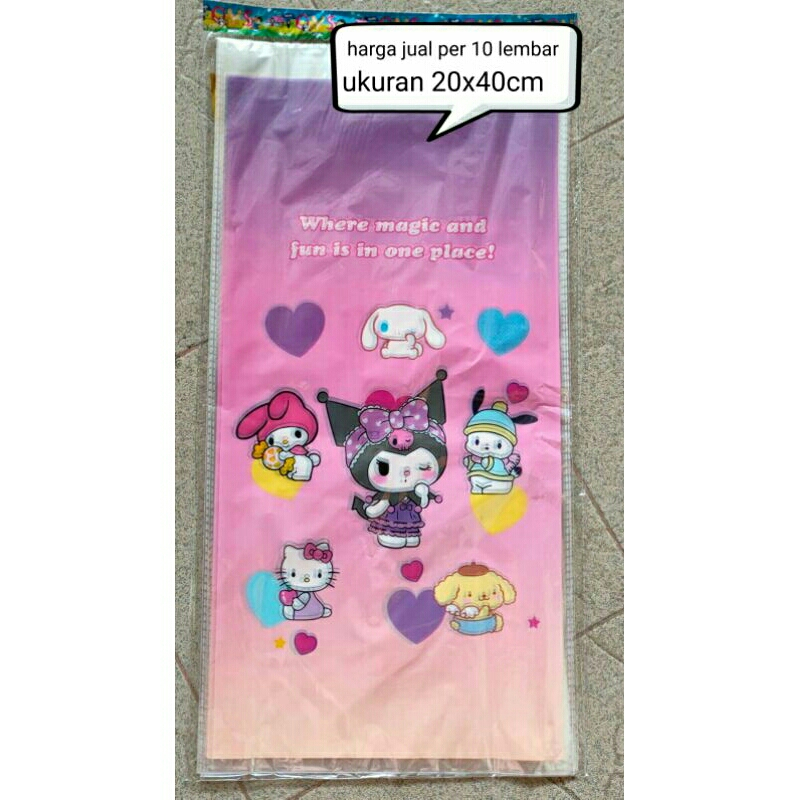 

plastik snack plastik souvenir ulang tahun isi 10 lembar tema Kuromi my melody cinnamoroll dan pom-pom purin