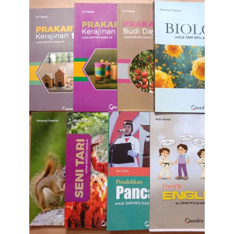 Buku Pelajaran Quadra Untuk SMP/MTs Kelas 7, 8, 9 Kurikulum Merdeka Seni Tari Biologi Level up Engli