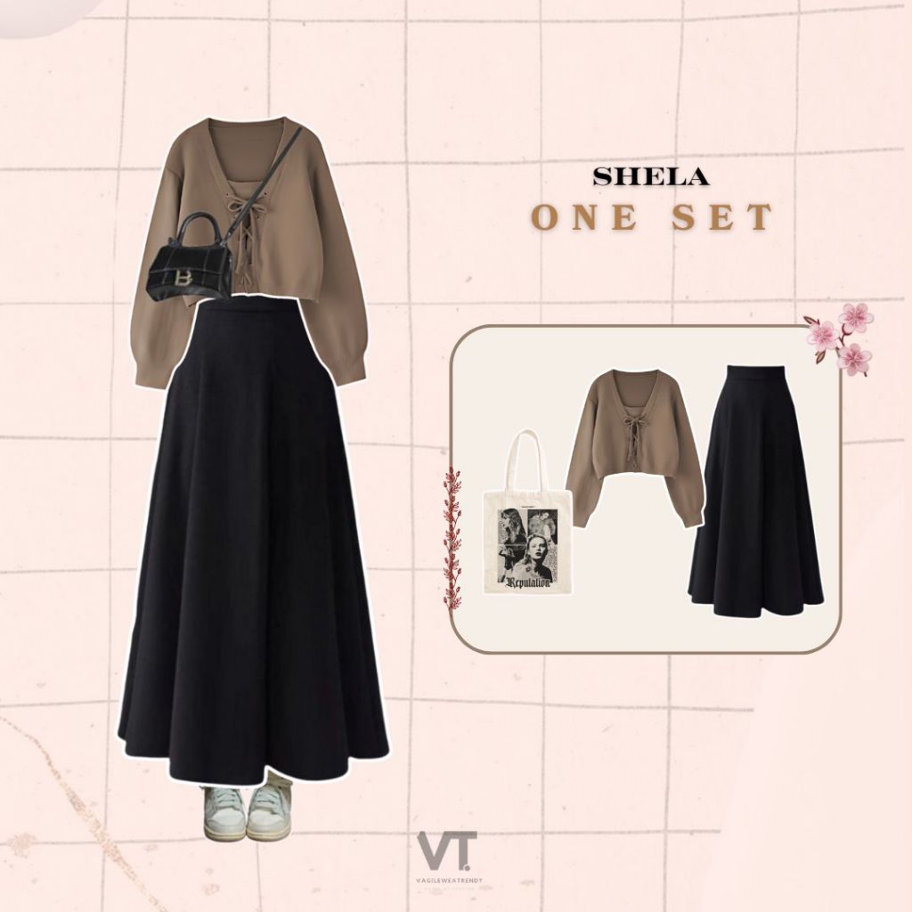 Fashion 3 in 1 Rok  Scuba Jumbo Cardigan Folia Khaki Tote Bag Kanvas Taylor Swift - One Set Shela