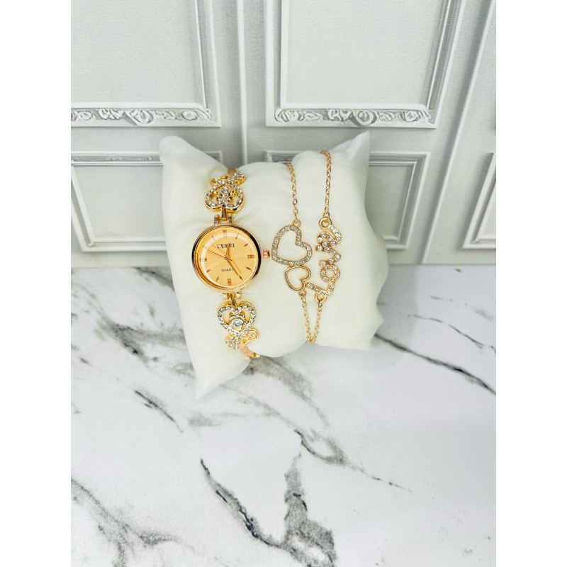 Jam Tangan cewek Rantai bonus Gelang elegan emas korea gold silver Bisa COD