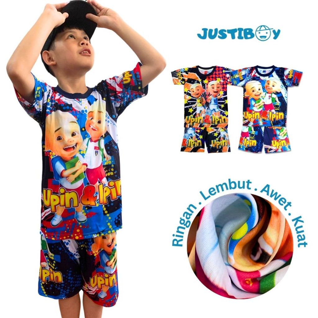 Setelan Baju Anak Karakter Upin Ipin Murah Gambar Printing Bahan Polyester