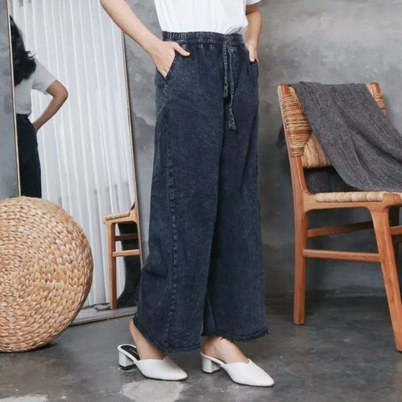 Kulot Jeans Wanita Hitam Celana Rawis BB 30-80kg Kulot Jeans Lipat Rawis Hitam Ootd Kekinian