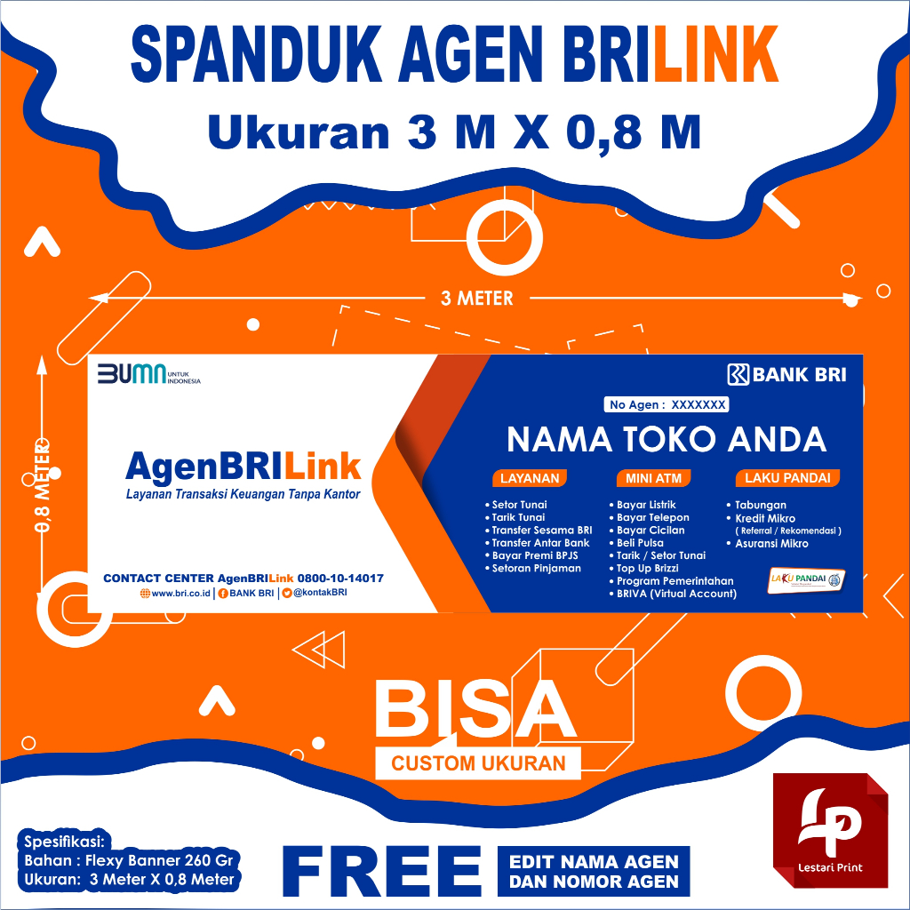 SPANDUK BRILINK 300 CM X 80CM / SPANDUK AGEN BRILINK / BANNER AGEN BRI LINK / CUSTOM UKURAN