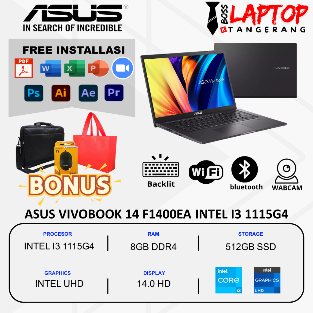 LAPTOP SEKOLAH BARU ASUS 14 INTEL I3 8GB DDR4 512GB SSD 14.0 INTEL UHD WINDOWS 11