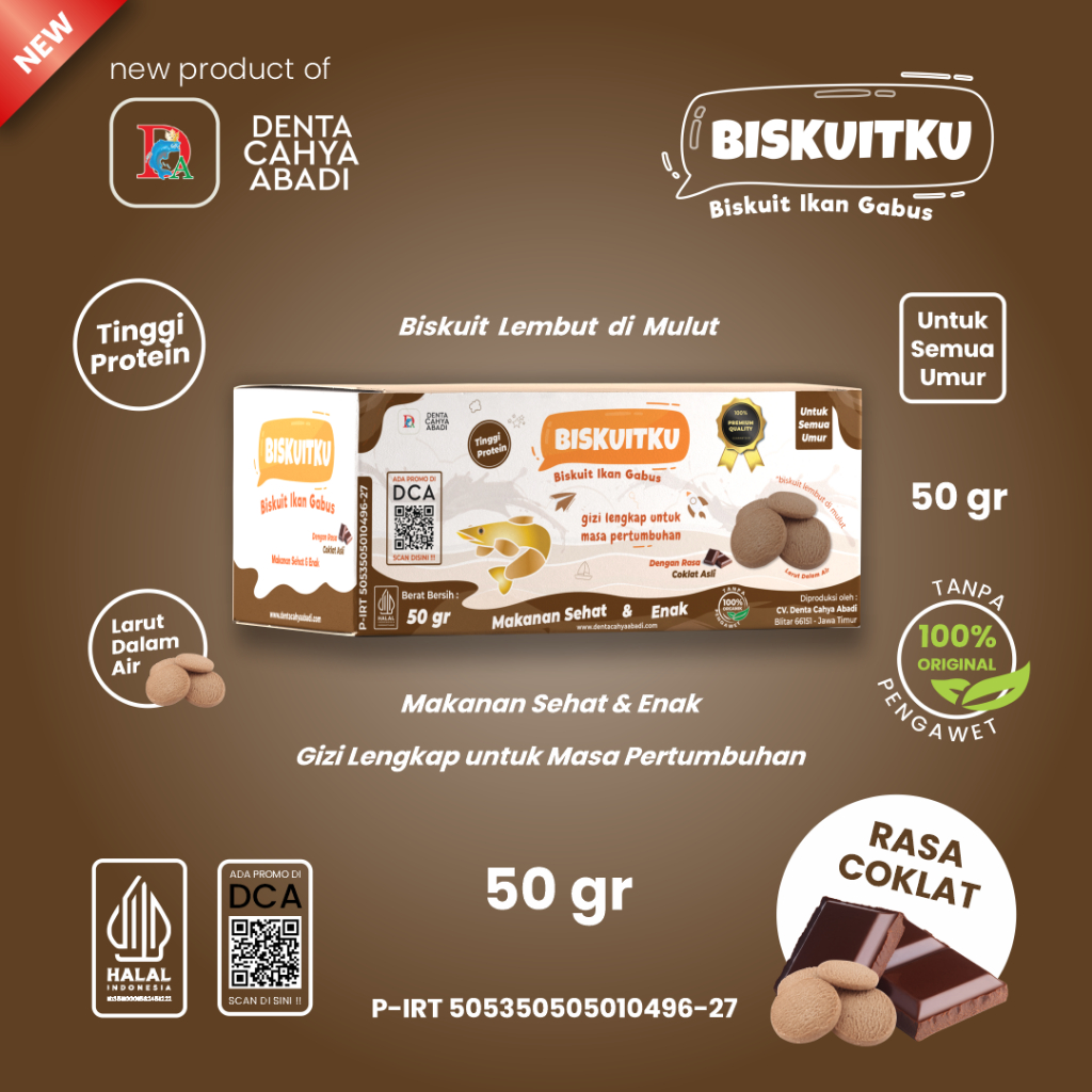 

Biskuitku Biskuit Ikan Gabus/ Kutuk untuk Semua Umur 50 Gr Rasa Coklat
