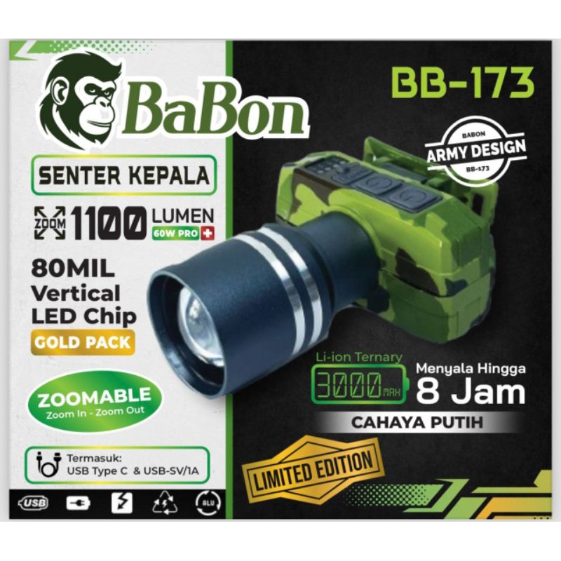 Senter kepala Zoom BaBon ARMY BB-173 Cahaya kuning dan cahaya putih 3000mAh