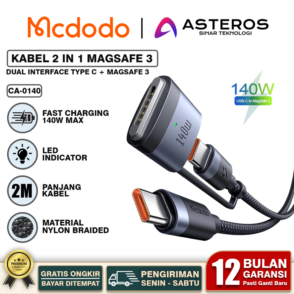 MCDODO Kabel 2 IN 1 Magsafe 3 + PD3.1 Type C Fast Charging 140w  - 240w Max