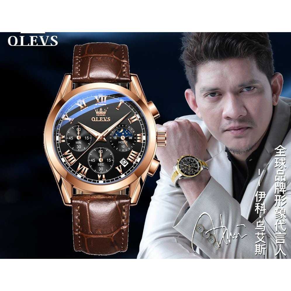 OLEVS Jam Tangan Pria Original Anti Air Kulit Tahan Keren  Coklat Luxry Chronograph Multifungsi 2872