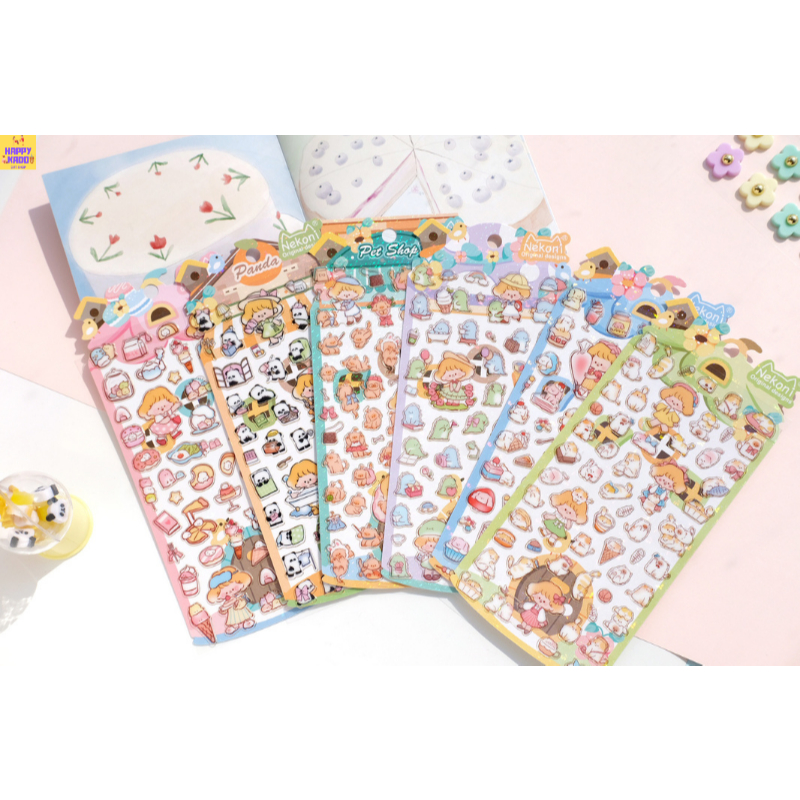 

Nekoni Puff and Kawaii Animal Dinosaur Panda Bunny Cat Stickers Theme isi 1 lembar stiker cantik