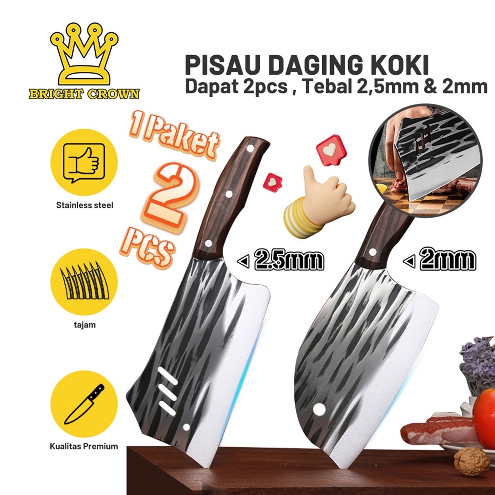 Brht Crown Set Koki Dapur Super Stainless Gagang Kayu  Golok Cacah Daging dan Tulang