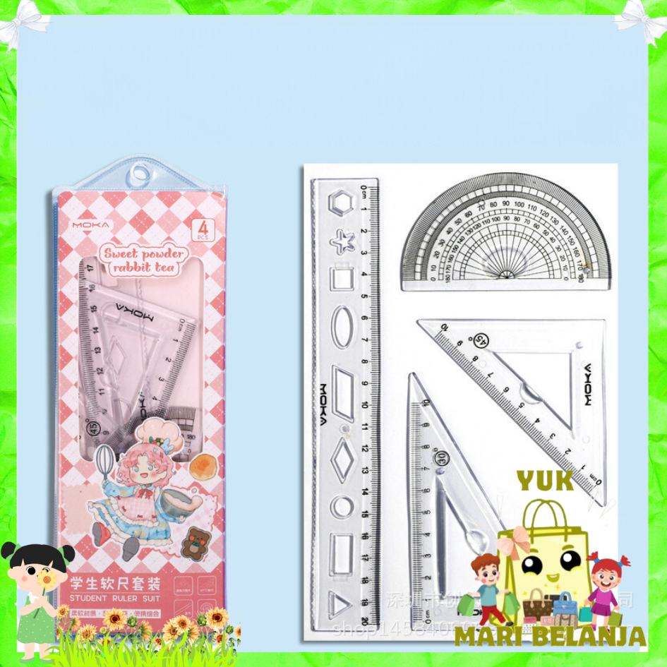 

YMB Penggaris Set 4IN1 20Cm Penggaris Lentur Bening Isi 4Pcs Lucu Ruller Set Transparant Perlengkapan Sekolah Menggambar Pelajar Mahasiswa Motif Polos Kemasan Ziplock