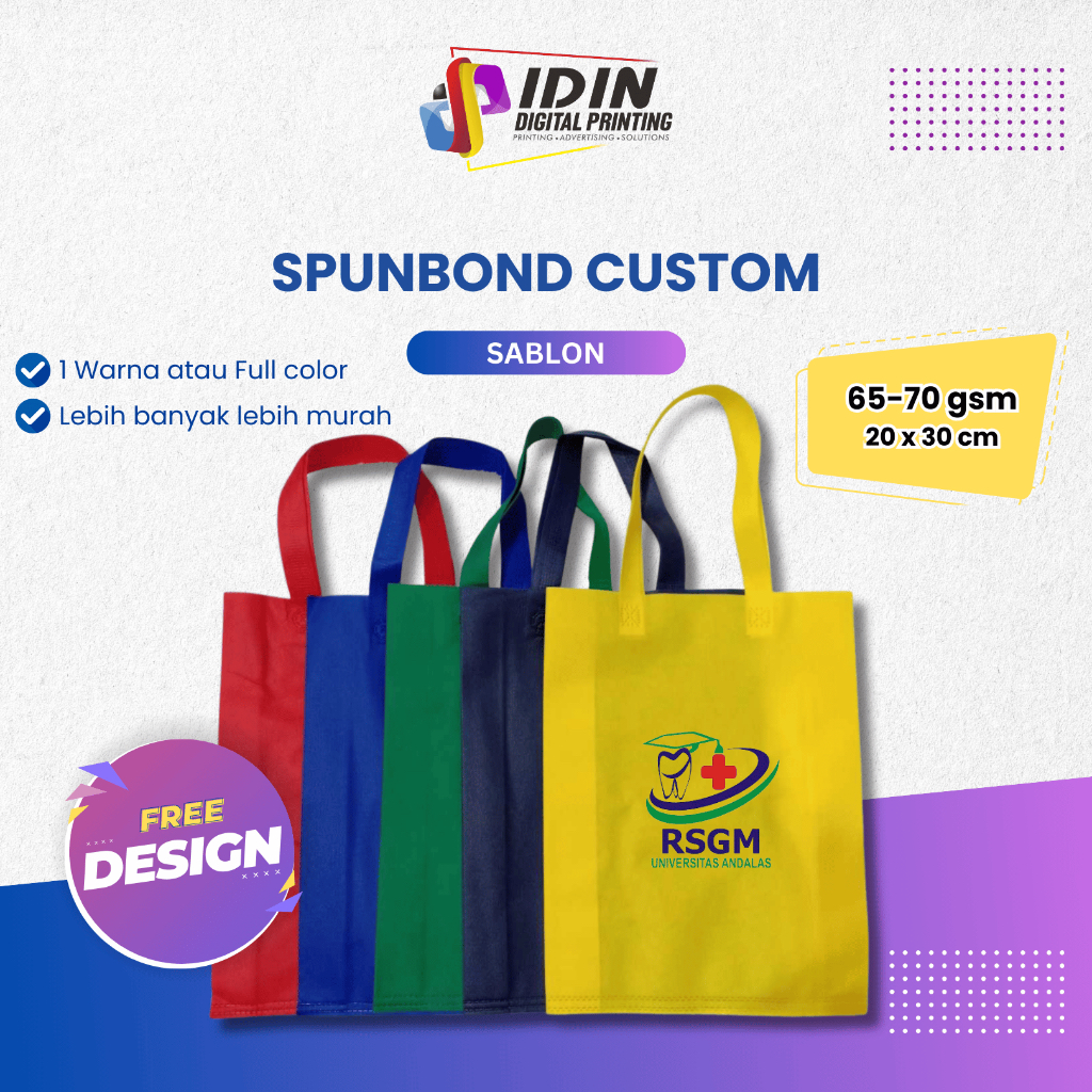 

Tas Souvenir Spunbond Sablon 65-70 gsm Tali Jinjing Tote Bag Goodie Bag - Percetakan Idin Digital Printing