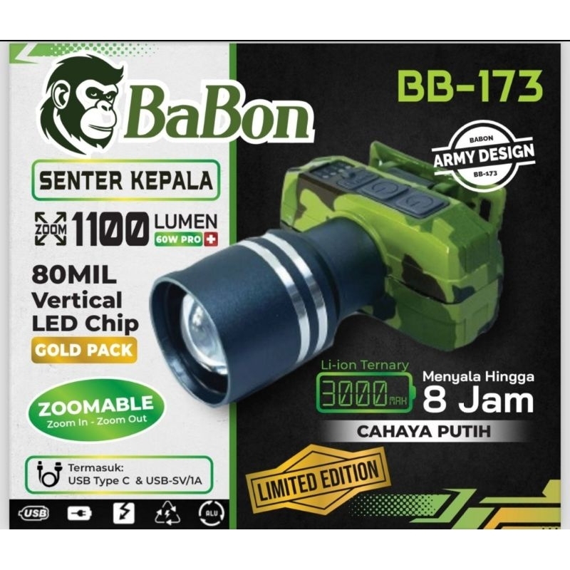 Senter kepala army babon BB-173 putih dan kuning 60watt pro+ senter kepala zoom senter kepala laser 