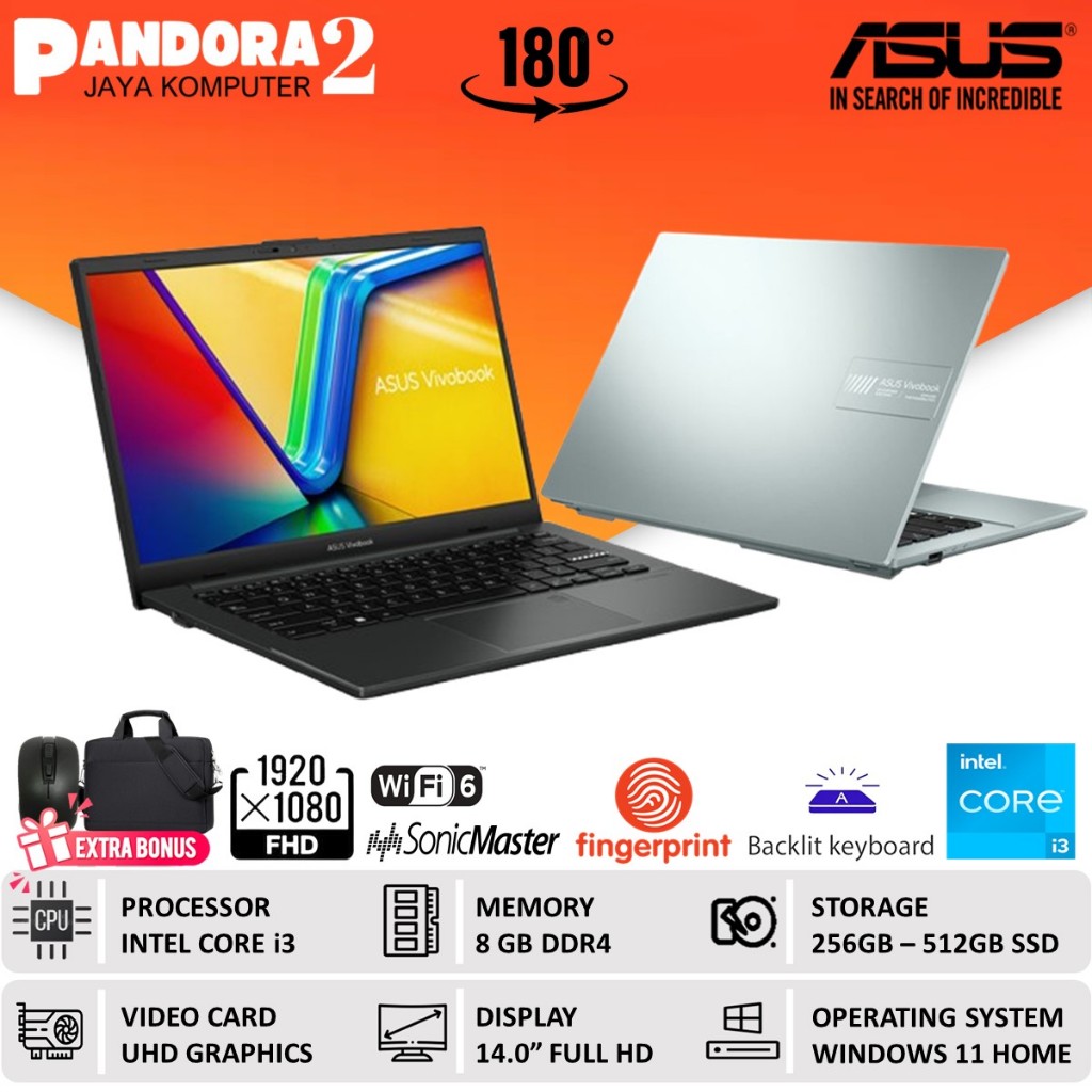 Laptop ASUS Vivobook Go 14/15 Intel Core i3 N305 8GB 512GB FHD Win11 Baru