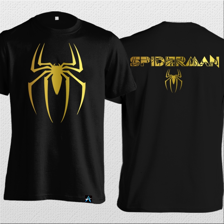 Kaos Superhero Spiderman Sablon Gold Warna Hitam Tebal 24s HER-06