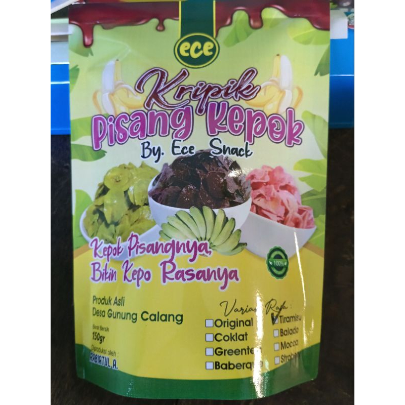 

Kripik Pisang Kepok 150 gr. Berbagai Macam Varian Rasa: Original,Coklat,Greentea,Baberque,Tiramisu,Balado,Mocca,Strobery fi