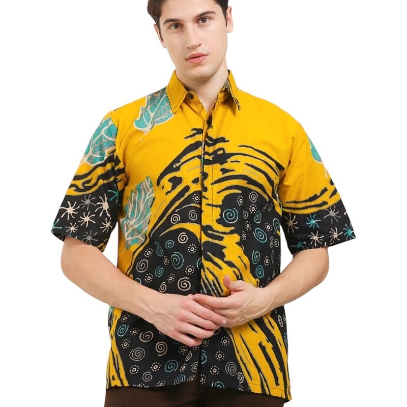 STRBTQ Baju Batik Pria Hem Batik Pria Kemeja Batik Pria Lengan Pendek Chava Kuning