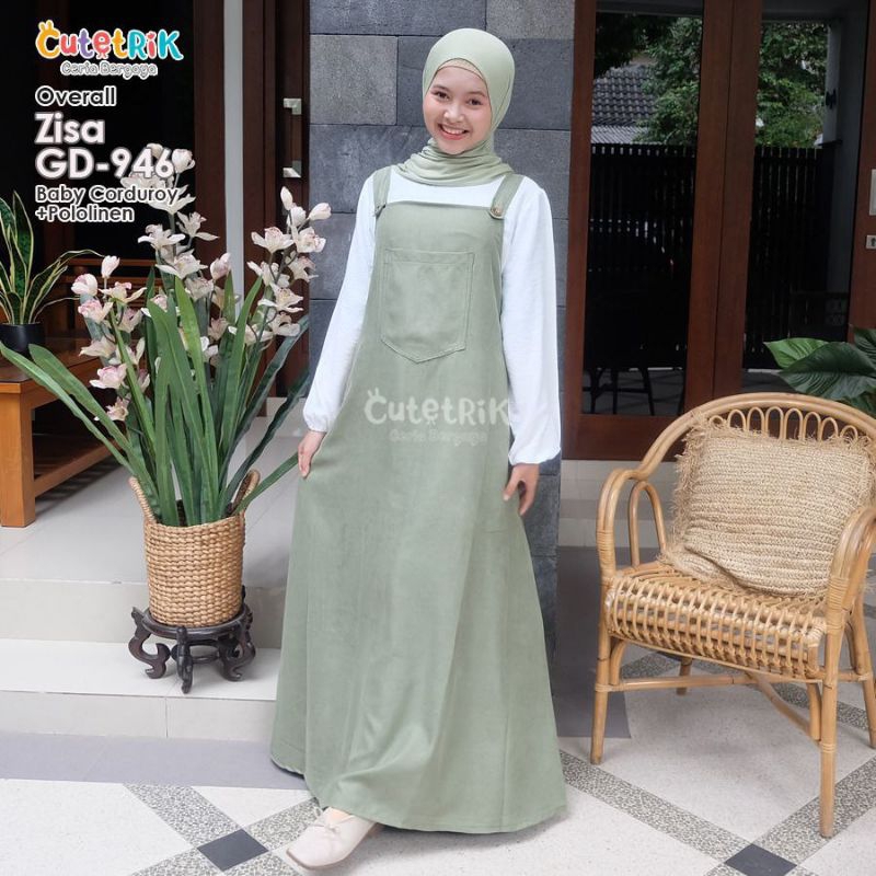 OVERALL TEEN KOREAN STYLE OOTD REMAJA ZISA BY CUTETRIK WARNA HIJAU SAGE POLOS PLAIN ANAK TANGGUNG