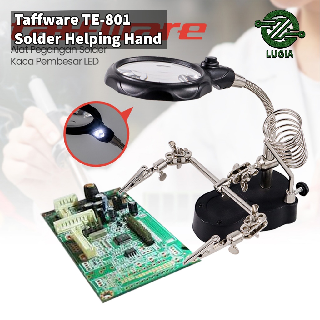 Taffware TE-801 Alat Pegangan Solder Helping Hand Kaca Pembesar LED