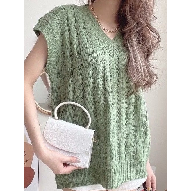 Vest Outer Rompi Rajut Wanita Tanpa Lengan Premium Tebal - Hijau