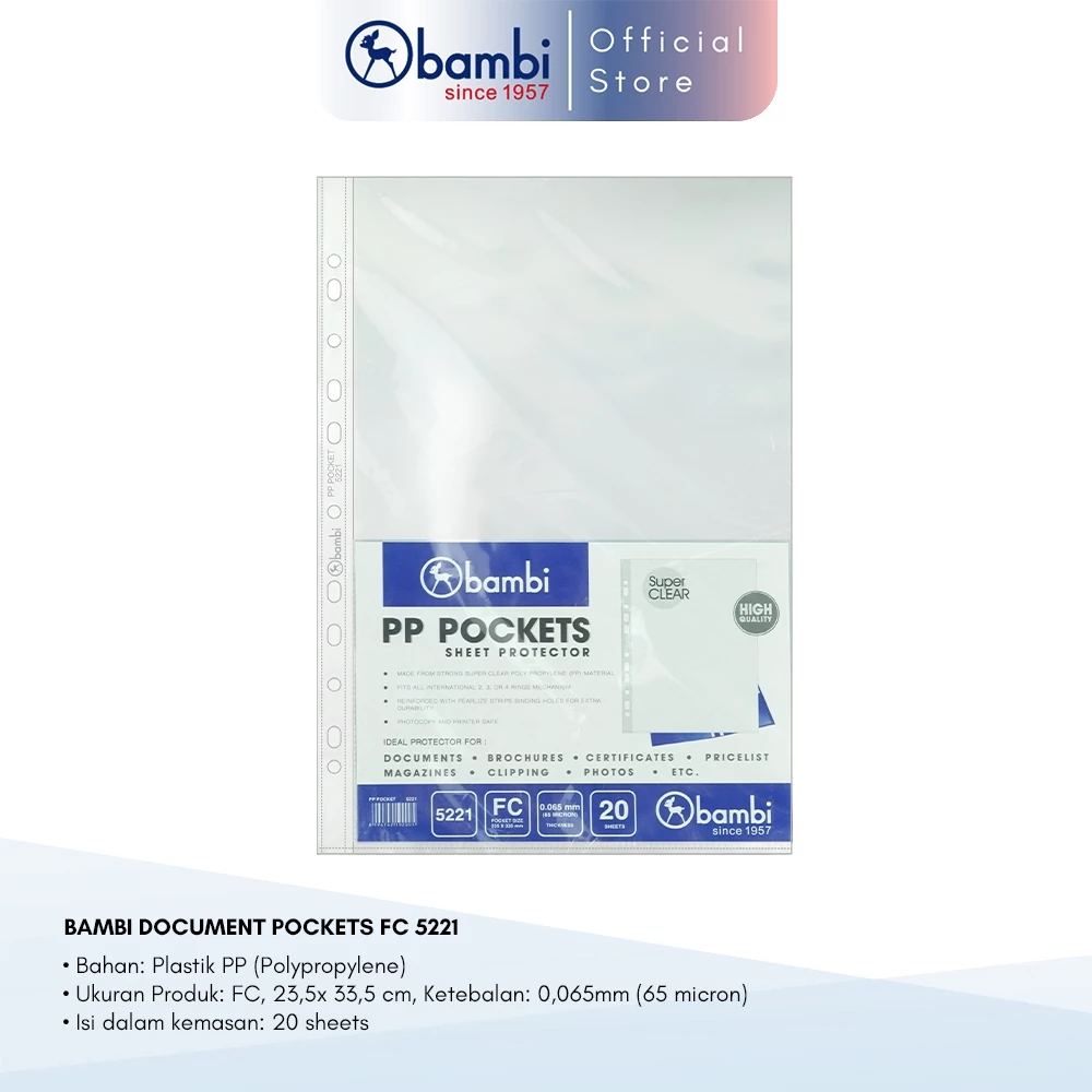 

Bambi Document Pocket Transparant Sleeve Folio Tebal 0.06 mm kode 5221