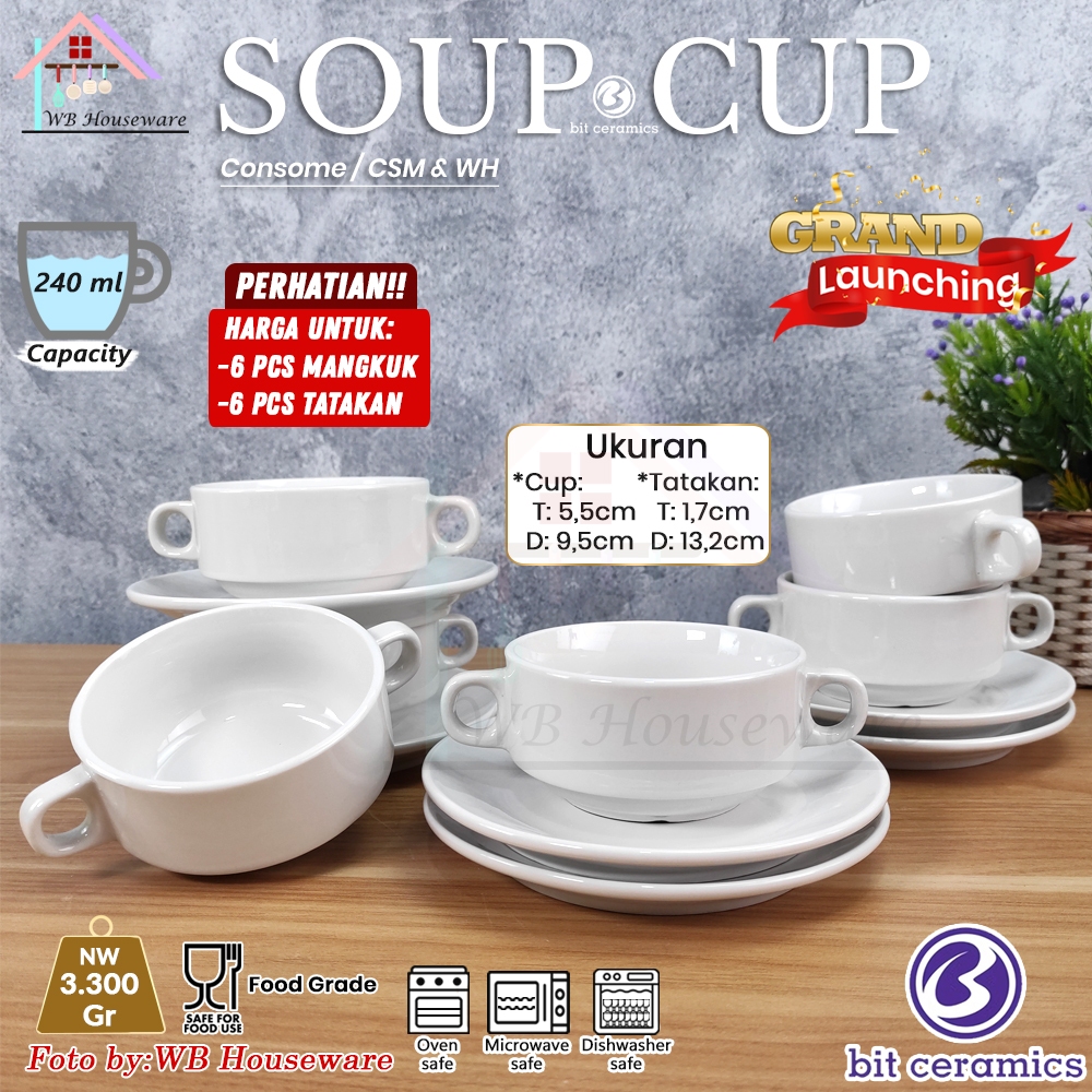 BIT CERAMICS 6 pasang mangkok kuping consome porcelain warna putih / soup cup and saucer zuppa soup 