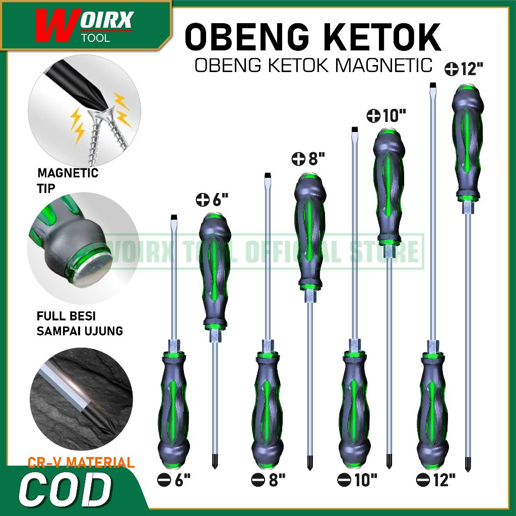 WOIRX TOOL Obeng Ketok Plus Minus Magnet Gagang Fiber Karet 6 INCH 8 INCH