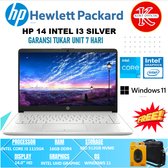 Laptop HP 14s Intel Core i3 Gen 11 Terbaru Ram 16 GB ssd 512 GB Silver