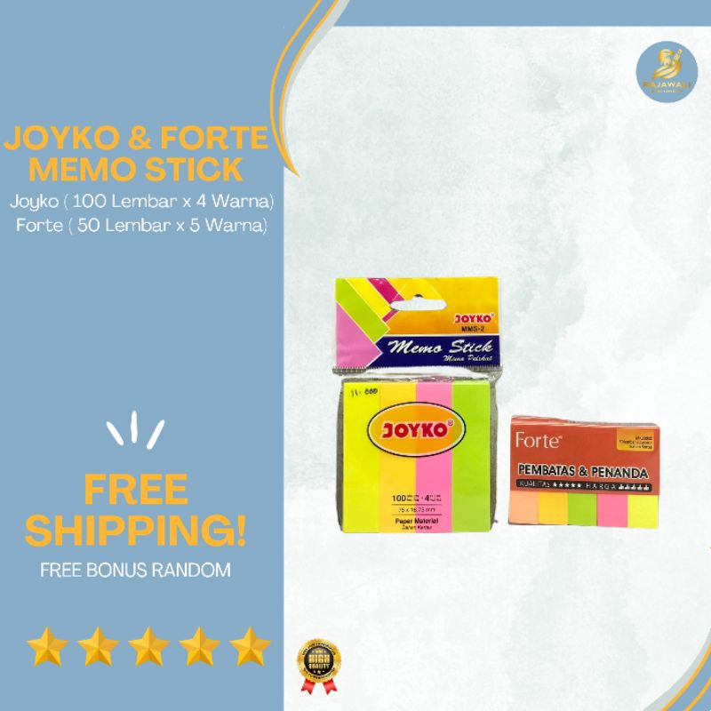 

Joyko & Forte Memo Stick/ Joyko (100 Lembar x 4 Warna)/ Forte (50 Lembar x 5 Warna)/ FREE BONUS RANDOM!