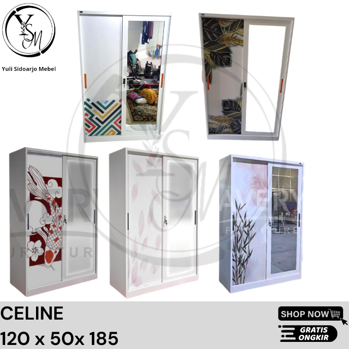 Lemari Baju 2 Pintu Besi kaca - Lemari Baju Sliding - Almari Baju Besi Sliding - Lebar 120 cm - Lema