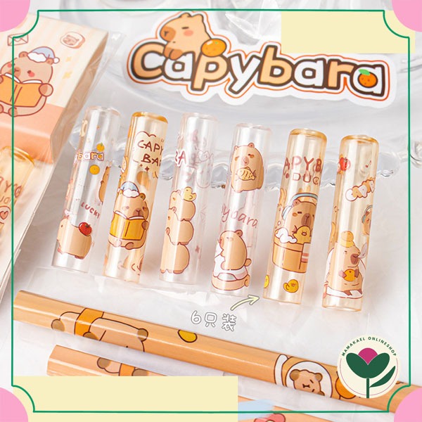 

1 set dapat 6 pcs penutup pensil lucu gambar capybara cute pengaman ujung pensil MK1431