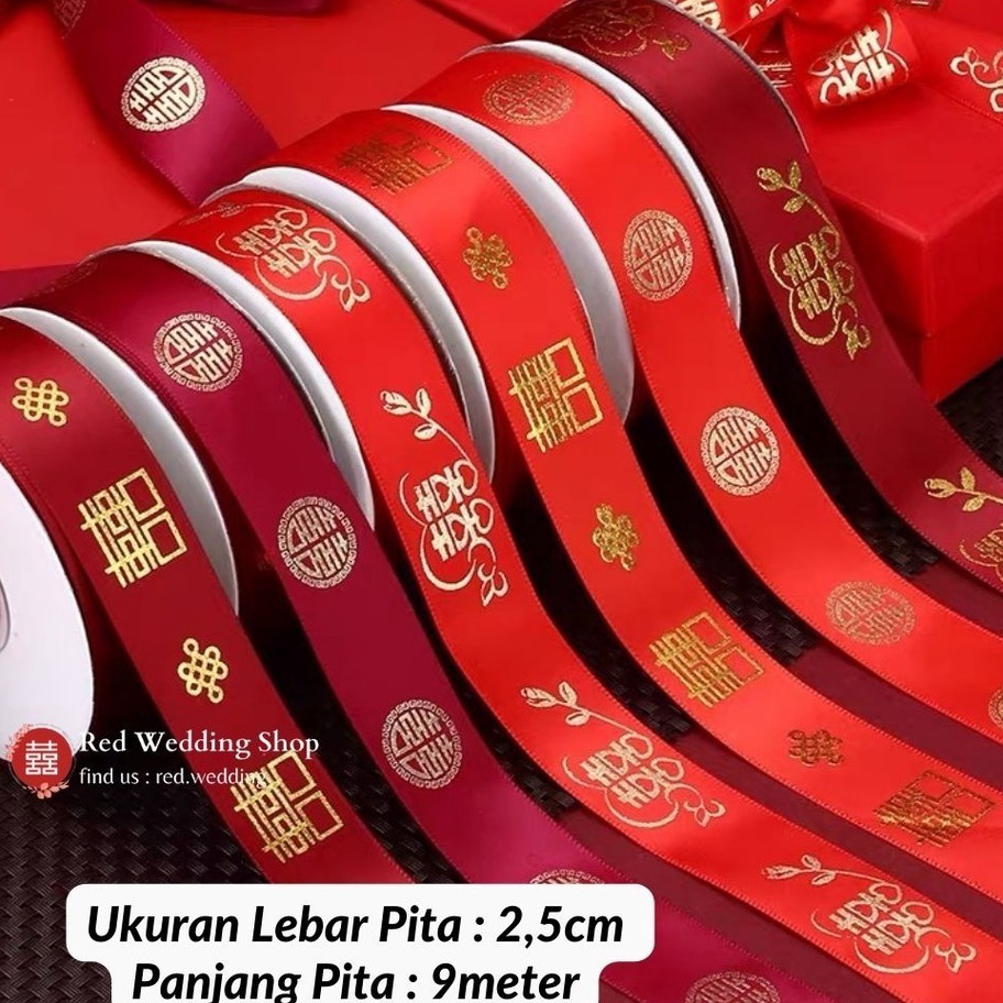 

DIJAMIN BARU Tali Pita LOGO Shuang Xi Emas Gold Wedding Sangjit Kado Per Roll 22meter
