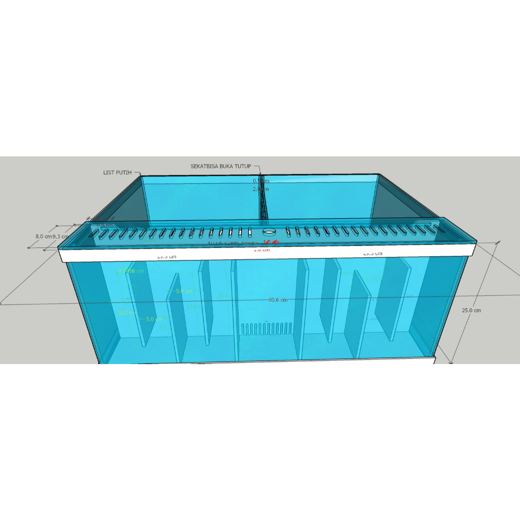 CUSTOM ACRYLIC TUTUP SUMP FILTER AQUARIUM 60.6 X 9.3 CM -LASSER CUTTING