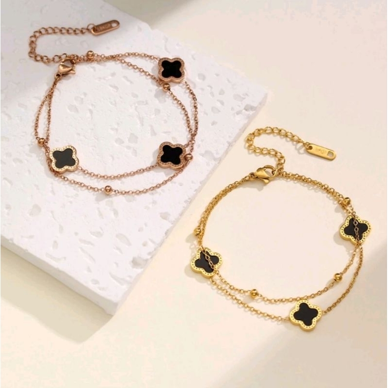 GELANG CLOVER WANITA LAPIS EMAS 23K ANTI KARAT DAN LUNTUR 100% IMPORT