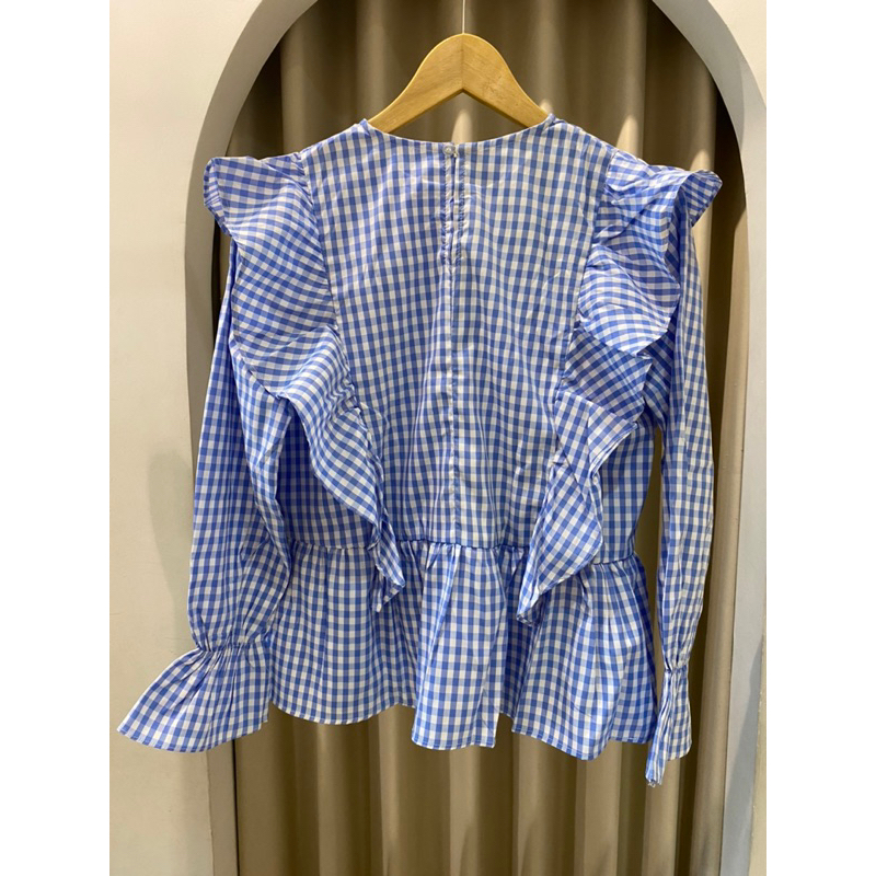 Blouse atasan salur stripe kotak kotak ruffle rempel wanita terbaru