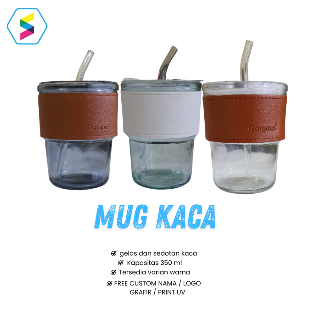 SIXMA_Mug Kaca Gelas Sedotan Kaca Grafir nama logo