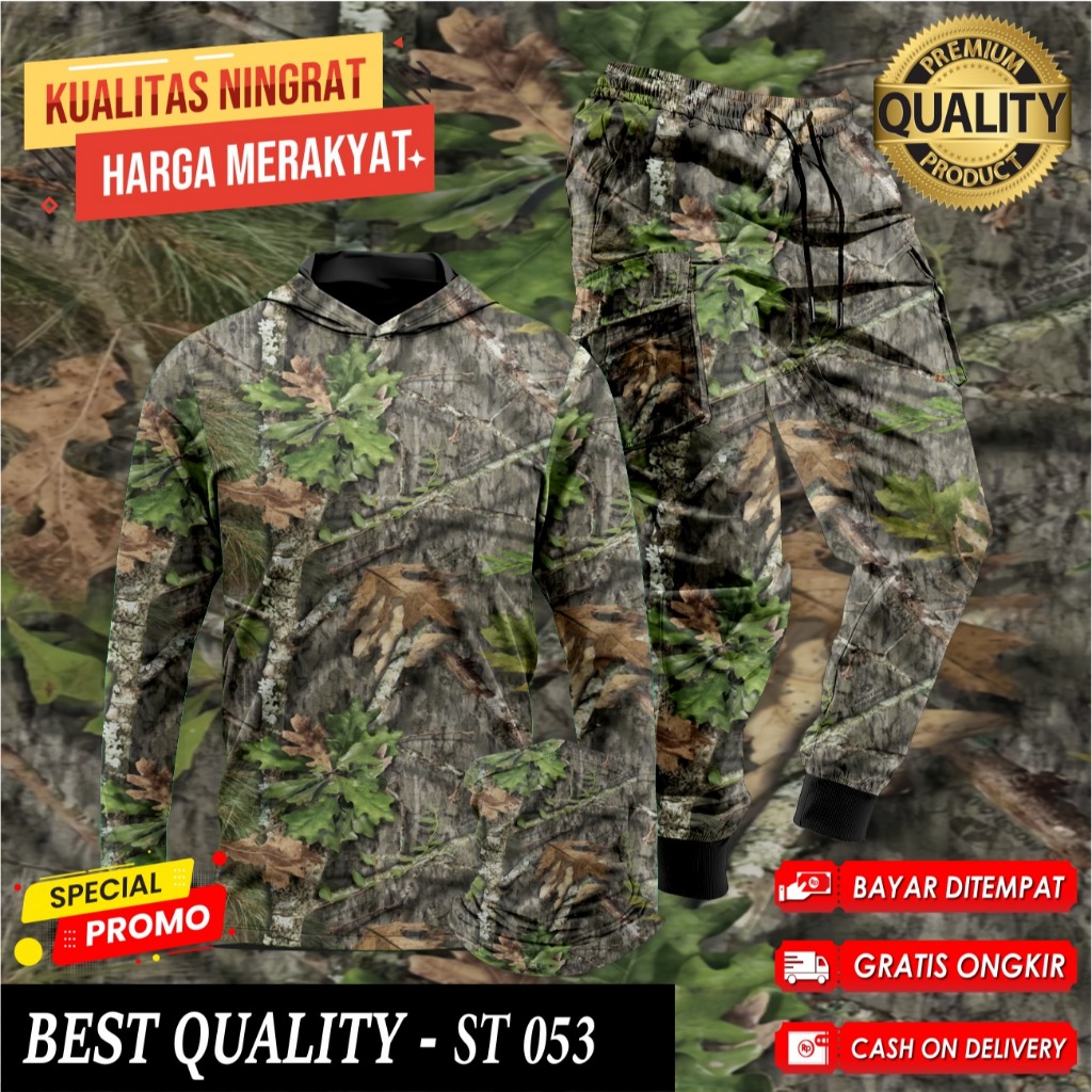 Setelan Baju Camo Hoodie Berburu Hunting Baju Berburu Hutan Kamuflase 1 Set Buff Celana Camo ST