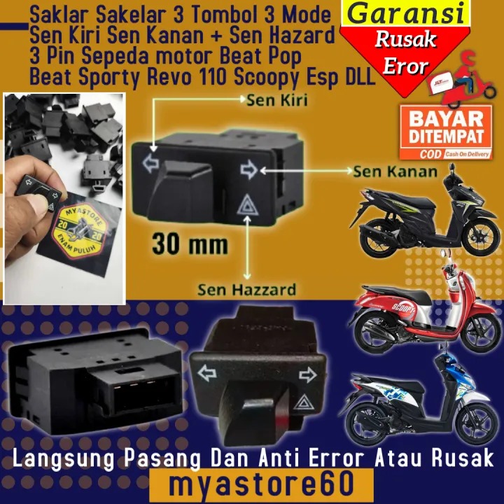 Sakelar Saklar 3 Tombol 3 Mode Sen Kiri Sen Kanan + Tombol Sen Hazard 30 MM Sepeda Motor Beat Pop Be