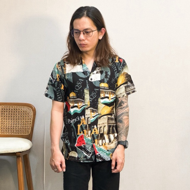 NRKY kemeja lengan pendek pria bahan rayon Palestina