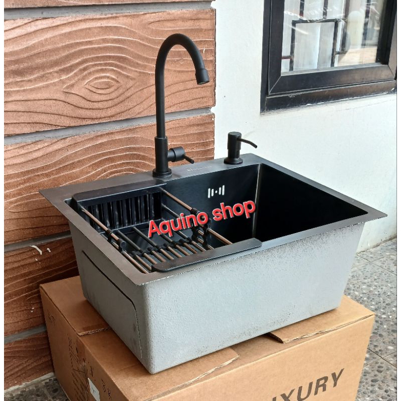 Paket komplit wastafel bak cuci piring 1 lubang kitchen sink premium staniless hitam ukuran 52cm×43c