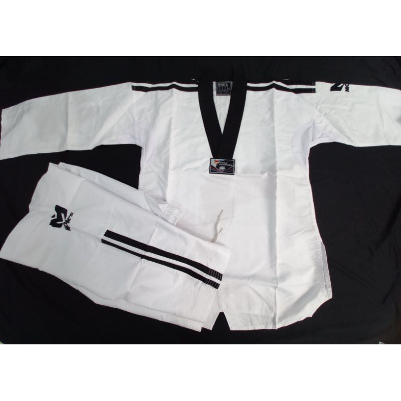 dobok taekwondo super fighter moks stripe  hitam