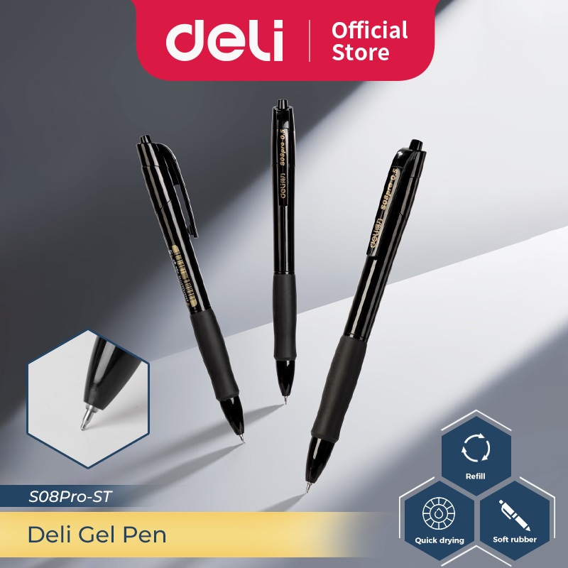 

Deli Gel Pen / Pulpen Gel Retractable Pen Cetek 0.5 mm Tinta Hitam Isi 12 pcs S08Pro-ST-12PCS