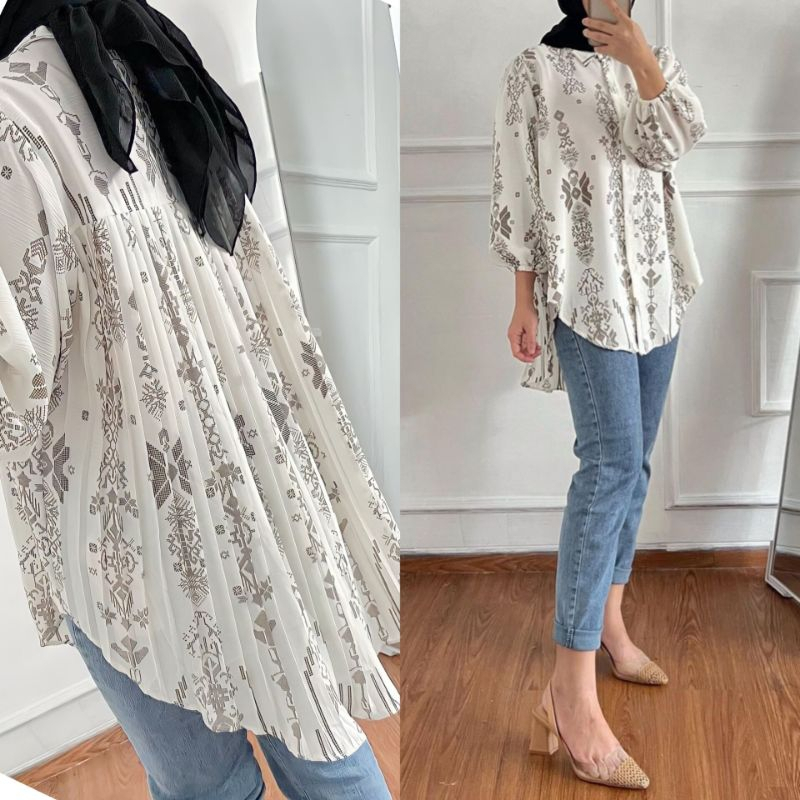 Atasan Baju Wanita Blouse Kerja Motif Etnik