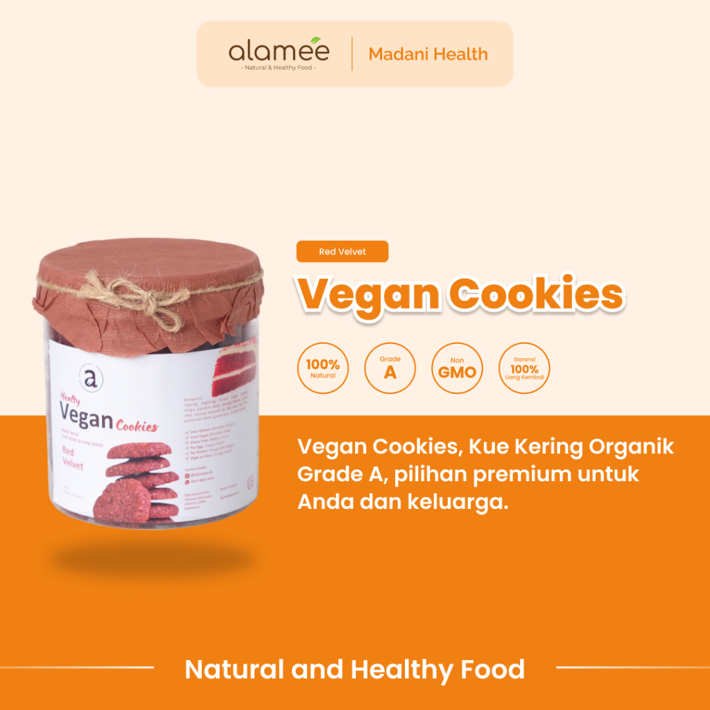 

ALAMEE Cookies Diet - Red Velvet Kue Kering Cemilan Sehat Healthy Vegan Snack Sehat Less Sugar 220gr