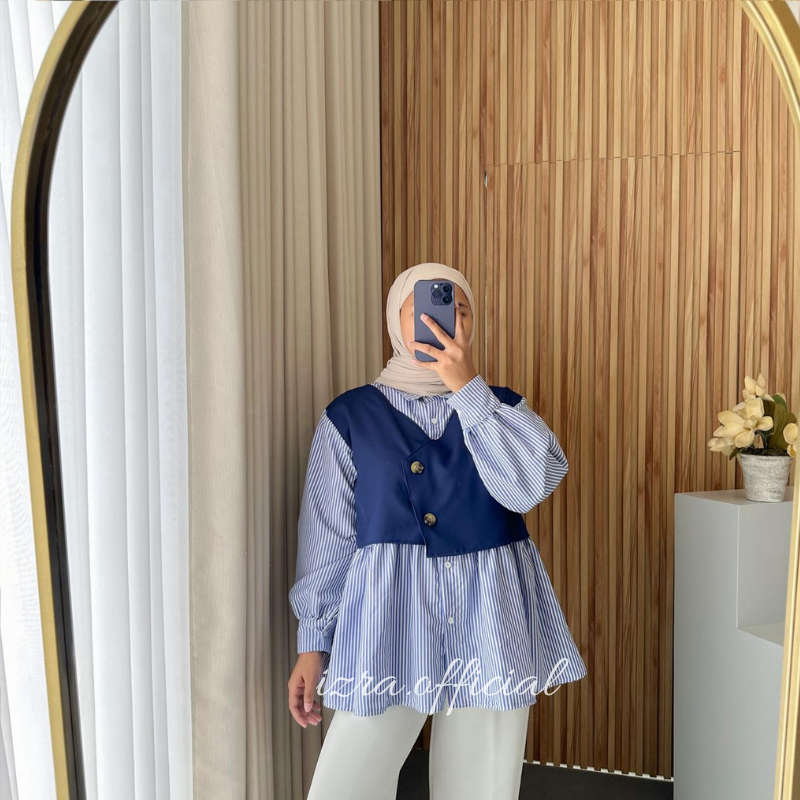 kemeja rompi Cleva atasan korea jumbo bigsize kemeja salur wanita