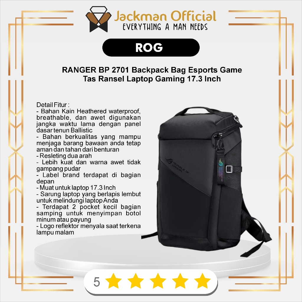 ROG RANGER BP 2701 Backpack Bag Esports Game Tas Ransel Laptop Gaming 17.3 Inch