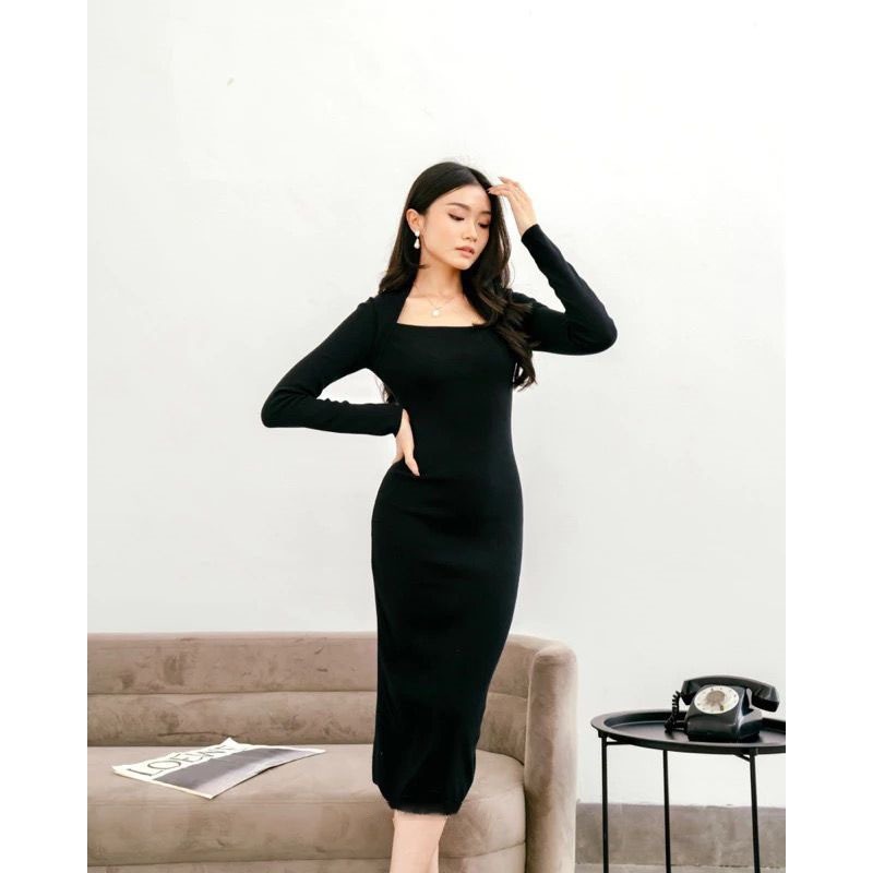Dress Korean Style Lengan Panjang Wanita - Dress Square Neck Bodycon - Korean Midi Dress Wanita 6049